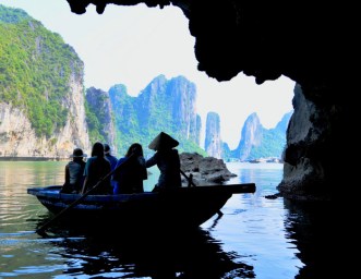 Sara Katherine, Luther, Merrit and Mary Chris in sampan-Ha Long-5-17-12